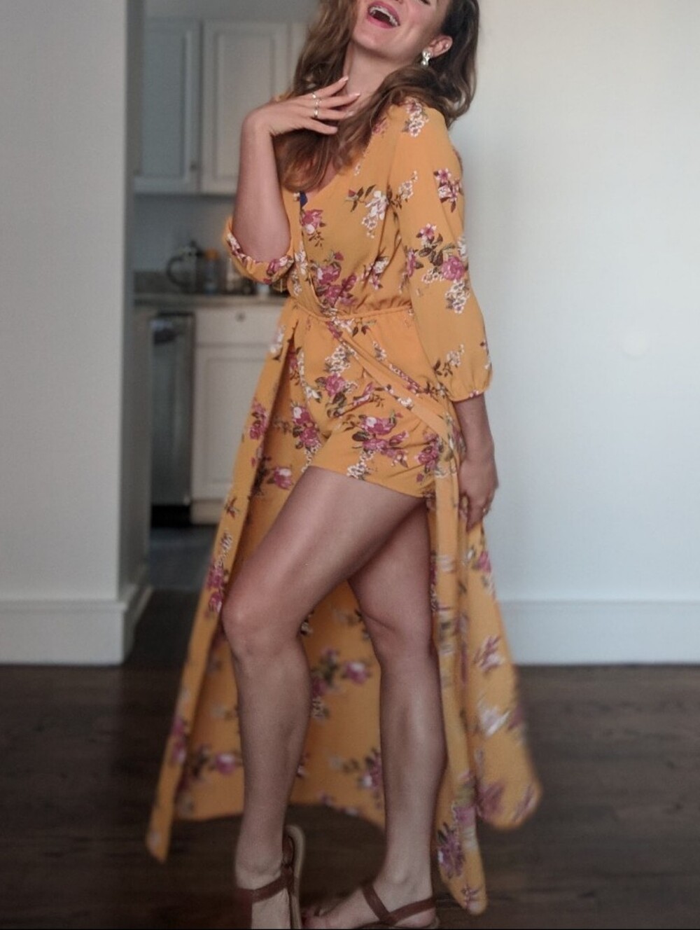 Rue 21 Mustard Floral Romper Maxi Overlay Dress | Women's Medium